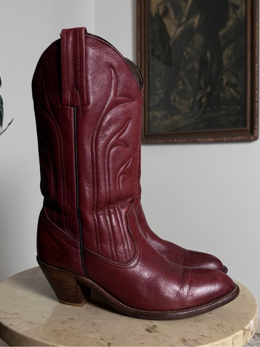 Frye burgundy leather western boots with embossed floral design, small heel